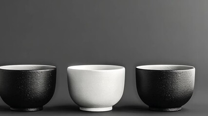 Leinwandbilder - Three carefully crafted pottery bowls, two in black and one in white, sit on a sleek dark background, highlighting their contemporary textures and forms.