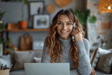 Wall Mural - Smiling Professional Business Woman in Office on Phone Working with Laptop