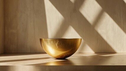 Fototapete - A golden bowl is placed on a smooth wooden surface, catching warm sunlight that creates striking shadows on the wall, enhancing the minimalist decor.
