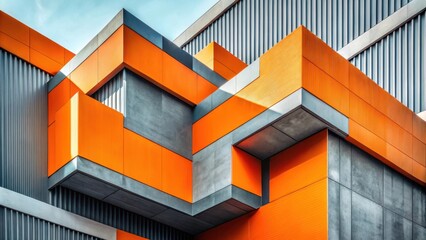 Poster - A modern architectural design with contrasting orange and gray panels, showcasing a geometric interplay of shapes and textures.