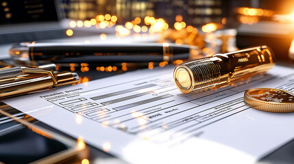 Poster - close up of registration form on website, featuring pen, coin, and sleek design. scene conveys professionalism and attention to detail in modern workspace