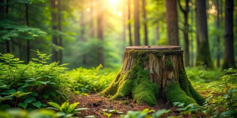 Poster - A moss-covered tree stump in the middle of a lush green forest, bathed in the warm glow of the setting sun.