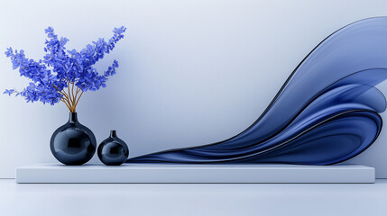 Leinwandbilder - modern interior design featuring blue flowers in vases, with elegant flowing shapes in background. This composition adds serene and artistic touch to any space