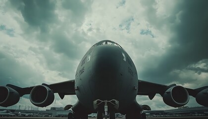 Poster - A low-angle view of a military aircraft against a dramatic sky.