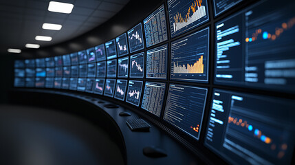 Poster - modern office with multiple screens displaying financial data and analytics, showcasing professional environment focused on analysis and decision making