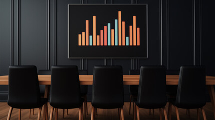 Aufkleber - sleek boardroom featuring long wooden table and black chairs, with colorful bar graph artwork on wal