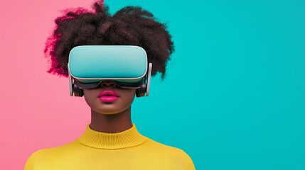 Poster - student using virtual reality headset, immersed in technology, showcasing modern learning experiences. vibrant colors enhance engaging atmosphere