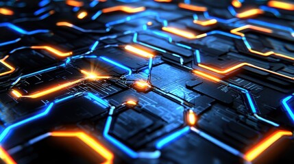 Aufkleber - Futuristic Circuit Board with Glowing Blue and Orange Neon Lights