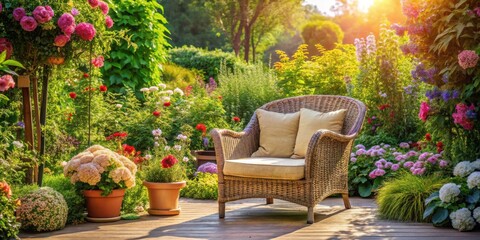 Aufkleber - A wicker chair on a wooden deck in a garden with lush greenery and colorful flowers in bloom