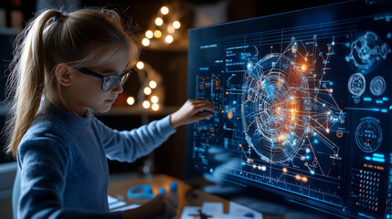Fototapete - young girl interacting with AI powered interface, showcasing technology and innovation. scene is illuminated with glowing data visuals, creating futuristic atmosphere