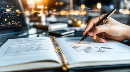 Poster - user completing registration form with pen, showcasing digital elements and modern workspace. scene conveys focus and productivity in contemporary environment