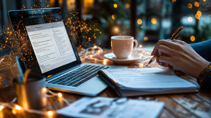 Poster - user completing online form on laptop with cup of coffee nearby, surrounded by warm lights, creating cozy atmosphere for productivity