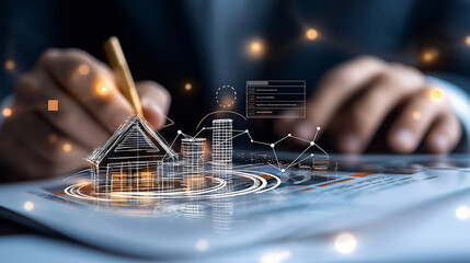 Aufkleber - Businessman completing online form with digital house and graphs, showcasing real estate investment and financial planning