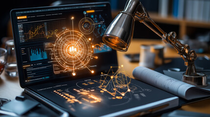 Poster - AI powered educational tools displayed on laptop, showcasing data analytics and visualizations. workspace is modern and tech savvy, reflecting innovation