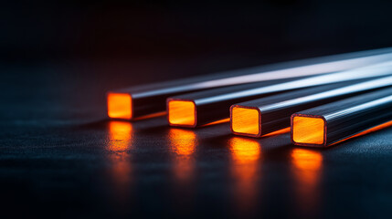 Poster - High resolution photo of glowing steel bars with orange light, showcasing their sleek design and reflective surfaces. warm glow creates striking visual effect