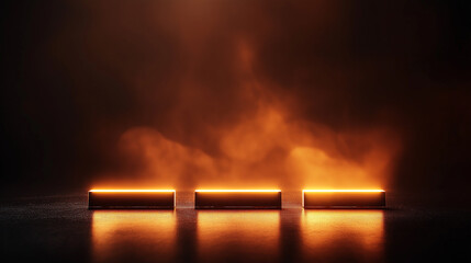 Poster - Three rectangular steel bars arranged in line, glowing with orange light, create dramatic atmosphere against dark background, evoking sense of mystery and intrigue