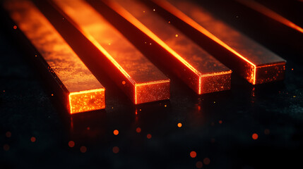 Poster - Four glowing steel bars arranged in line, radiating warmth and light, create striking visual effect against dark background, evoking sense of industrial beauty
