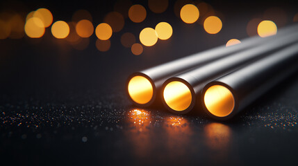 Poster - High resolution photo of three steel bars glowing with warm light, creating captivating atmosphere. soft bokeh background enhances visual appeal