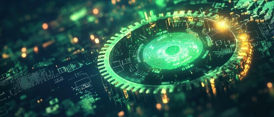 Poster - Dynamic transformation of pixelated neon green code into a spinning cogwheel in a digital space environment