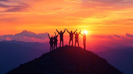 Silhouette of a successful team of people standing with their arms raised in a triumphant pose