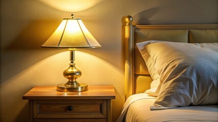 Poster - A golden bedside lamp casts a warm glow on the white pillow and inviting bed.