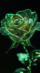 Poster - Illuminating action a glowing neon green rose surrounded by shimmering pixelated data in a virtual garden view for digital aesthetics