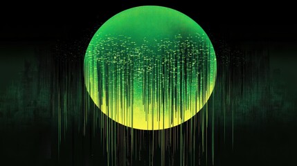 Poster - Glitching neon green sun rays formed by falling digital elements in a surreal landscape for creative exploration