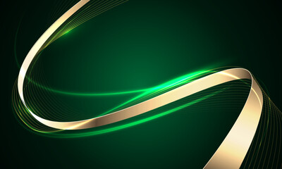 Poster - Abstract gold ribbon luxury wave curve on green design modern creative background vector