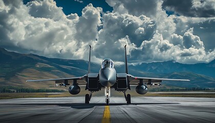 Poster - A military jet on a runway under a dramatic sky, showcasing aviation power and technology.