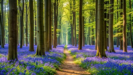 Aufkleber - A sun-drenched path meanders through a vibrant forest, bordered by towering trees and a carpet of blooming bluebells.