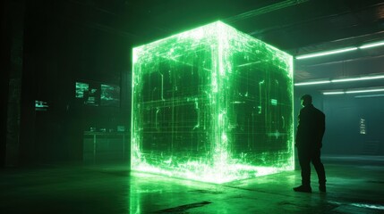 Poster - Transformative digital art installation featuring a matrix-style glowing neon green cube shifting through dimensions