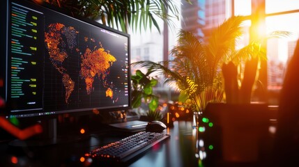 Poster - Tech Control Room with Vibrant Screens Displaying Global Maps