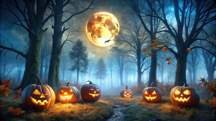 Poster - A group of glowing jack-o'-lanterns stand on a path in a misty forest illuminated by a large full moon.