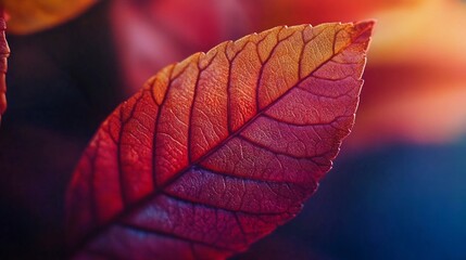 Poster - Closeup macro shot of a vibrant autumn leaf showcasing the rich earthy hues and organic natural shapes of the foliage