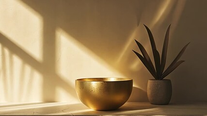 Aufkleber - A golden bowl sits on a surface beside a potted plant, illuminated by warm sunlight that creates gentle shadows, enhancing the tranquil atmosphere.