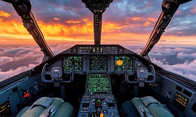 Poster - Cockpit view of an aircraft during a vibrant sunset above the clouds.