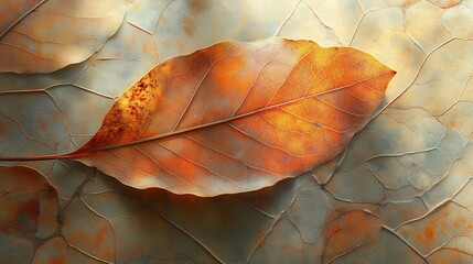 Poster - Soft toned macro photograph capturing the delicate patterns and intricate details of an autumn leaf in a gentle warm light  The natural textures and transitional hues create a serene