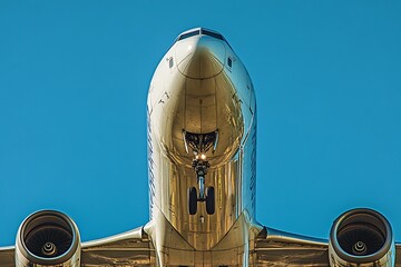 Poster - A close-up view of an airplane's nose and landing gear against a clear blue sky.