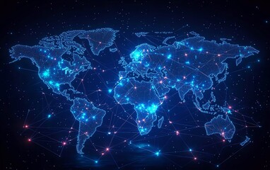 Poster - Digital world map with illuminated virtual network pathways on a dark background, 3D rendering, cyber world concept