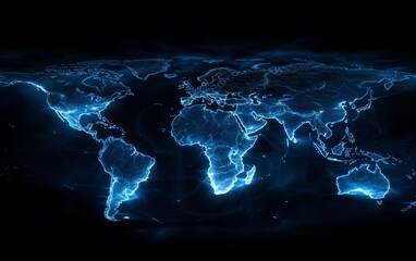 Poster - Digital world map with illuminated virtual network pathways on a dark background, 3D rendering, cyber world concept