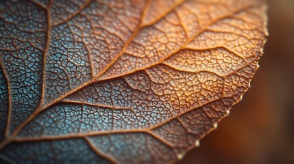 Poster - Stunning close up macro photography showcasing the intricate patterned textures and delicate veins of autumn leaves in a soft warm natural lighting environment