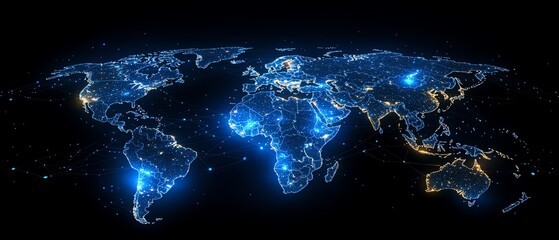 Poster - Digital world map with glowing virtual network lines on a dark background, 3D rendering, futuristic technology concept