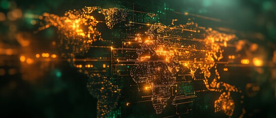 Poster - Digital world map with glowing virtual network lines on a dark background, 3D rendering, futuristic technology concept