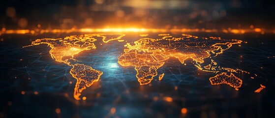 Poster - Futuristic world map with glowing network connections, dark background, 3D rendering, virtual global technology theme