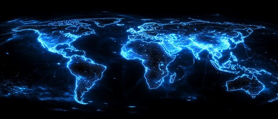 Poster - Futuristic world map with glowing network connections, dark background, 3D rendering, virtual global technology theme