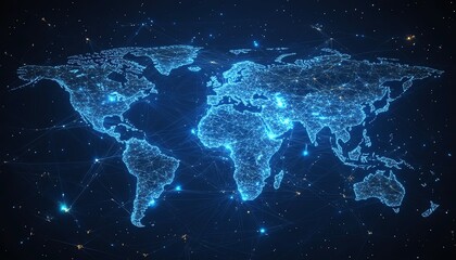 Poster - Global digital world map with glowing network lines on a dark background, 3D rendering, hightech virtual network