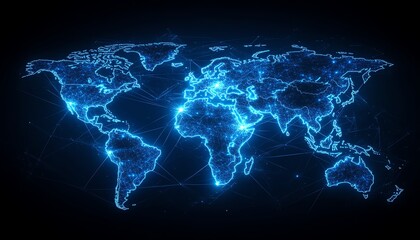 Poster - Global digital world map with glowing network lines on a dark background, 3D rendering, hightech virtual network