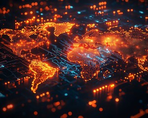 Poster - Hightech digital world map with bright glowing network connections on a dark backdrop, 3D rendered futuristic theme