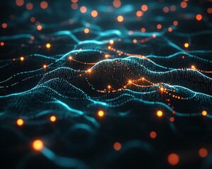 Poster - Hightech digital world map with bright glowing network connections on a dark backdrop, 3D rendered futuristic theme