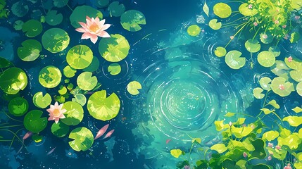 Wall Mural - Blue green pond lotus green water ripples illustration poster background
